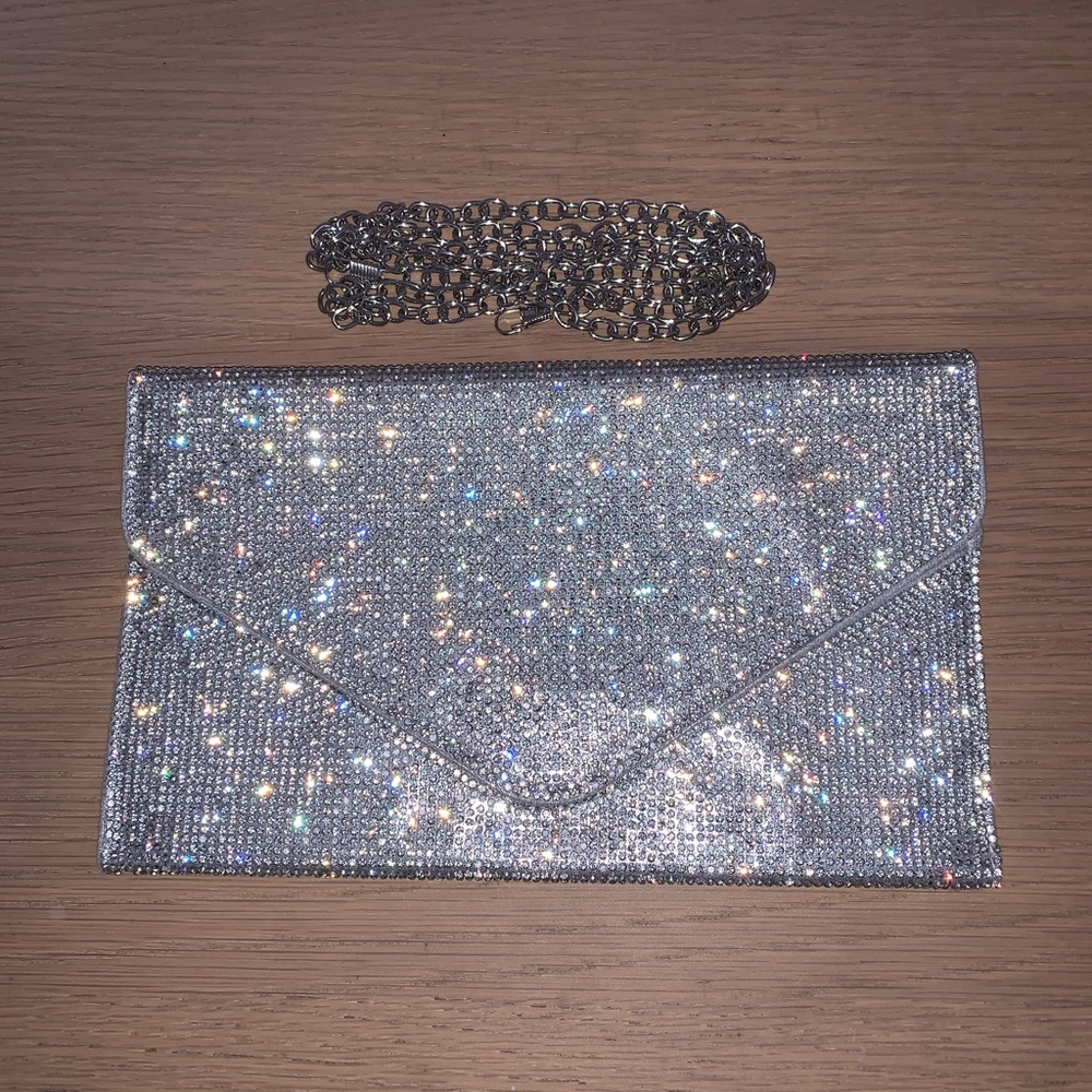 Embellished Envelope Clutch with Chain | Silver